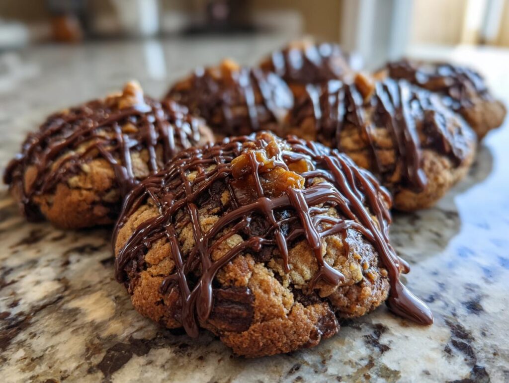 Close-up of Insanely Delicious Turtle Cookies, drizzled with chocolate and caramel, on a marble countertop.