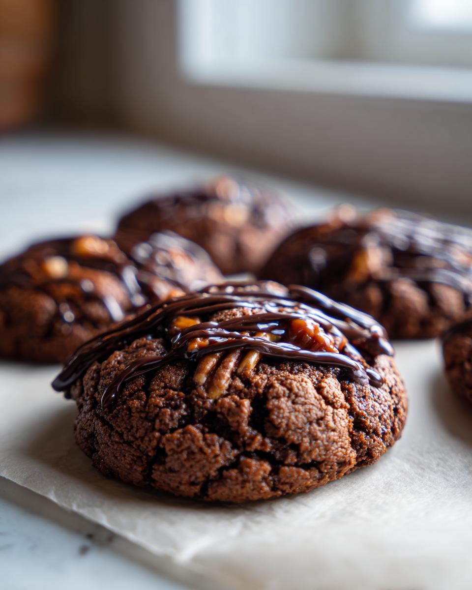 Close-up of Insanely Delicious Turtle Cookies with chocolate drizzle and pecans.