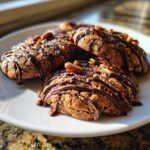 Close-up of Insanely Delicious Turtle Cookies topped with chocolate drizzle and pecans on a white plate.