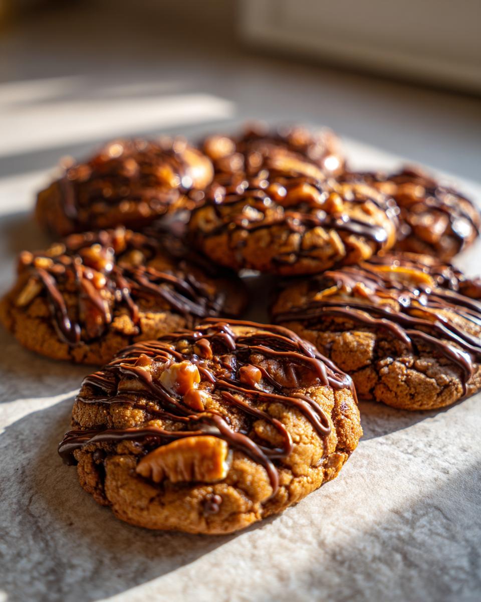 Close-up of Insanely Delicious Turtle Cookies drizzled with chocolate and topped with nuts.