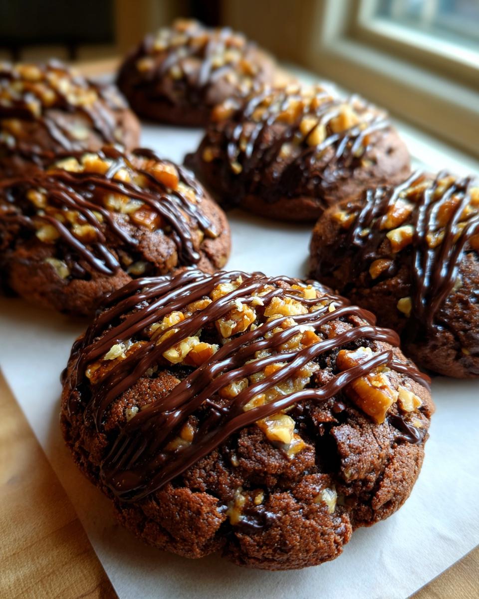Close-up of Insanely Delicious Turtle Cookies topped with chopped nuts and drizzled chocolate.