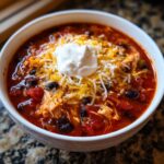 A bowl of flavorful Instant Pot Chicken Enchilada Soup, topped with cheese and sour cream.