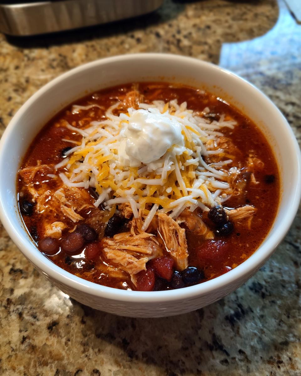 Bowl of Instant Pot Chicken Enchilada Soup, topped with cheese and sour cream.