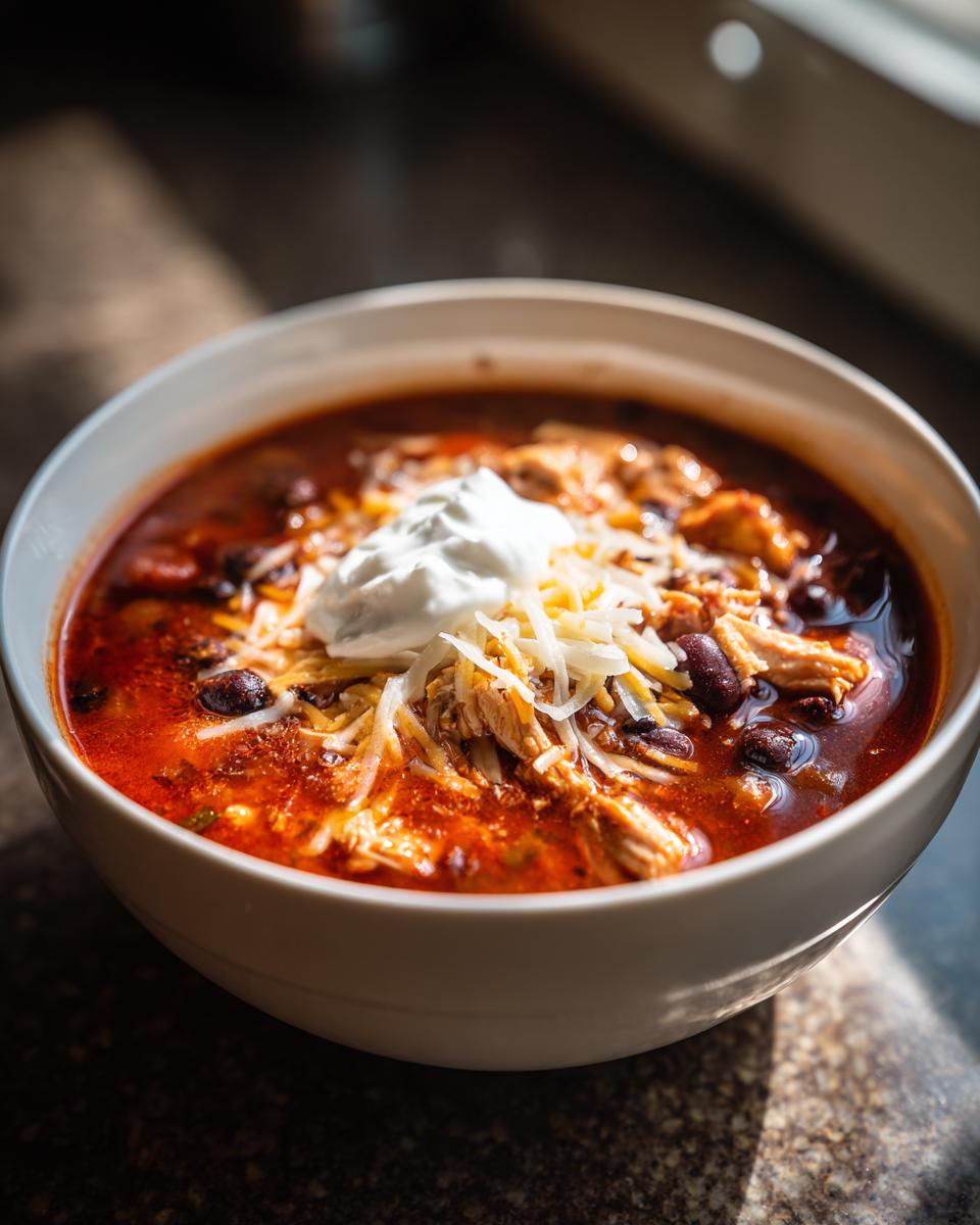 A bowl of Instant Pot Chicken Enchilada Soup, topped with sour cream and cheese.