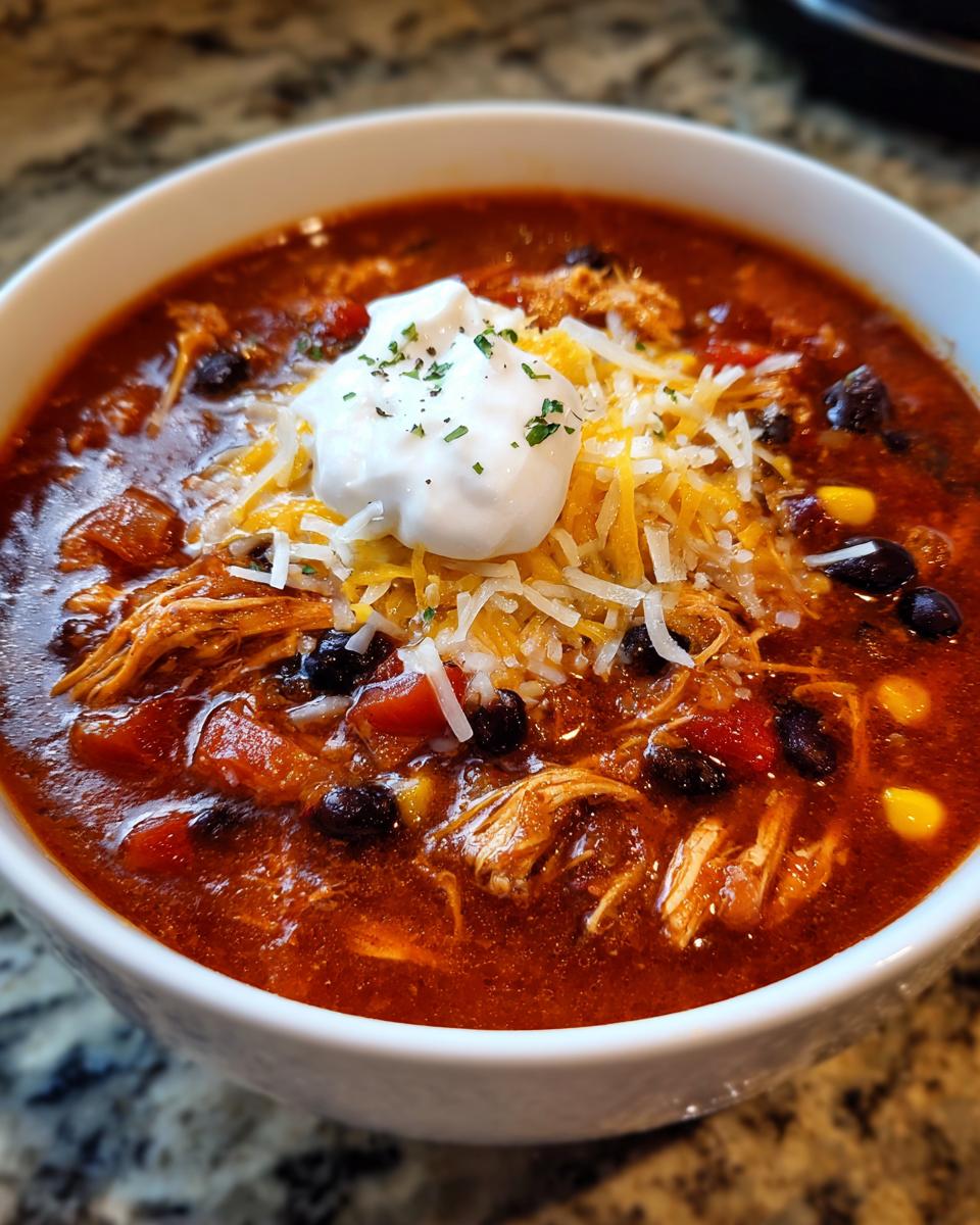 Close-up of a bowl of Instant Pot Chicken Enchilada Soup, topped with sour cream and cheese.