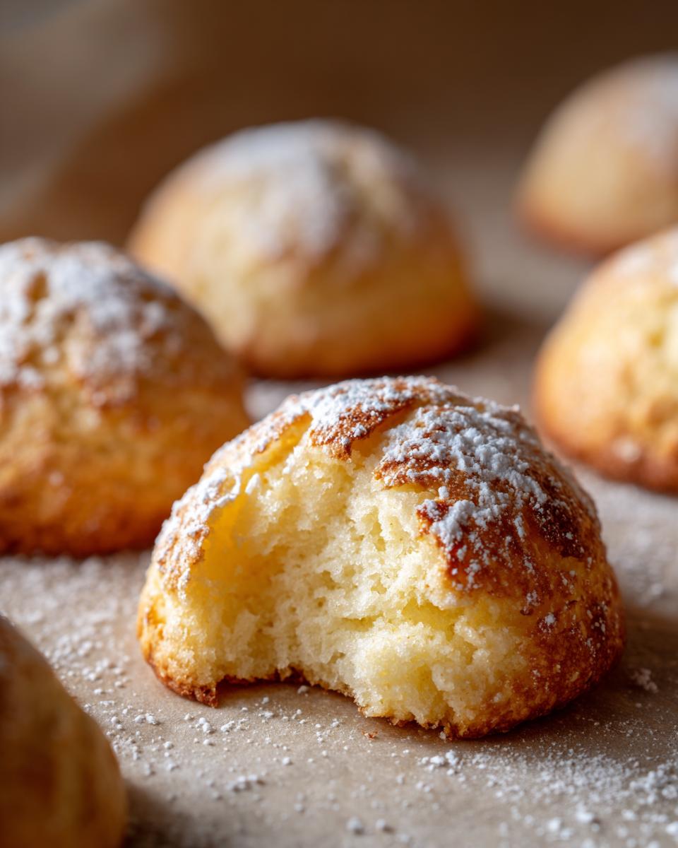 A close-up of a bite taken out of a soft Italian Ricotta Cookie, dusted with powdered sugar.