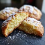 Close-up of a broken Italian Ricotta Cookie dusted with powdered sugar, revealing a soft, crumbly interior.