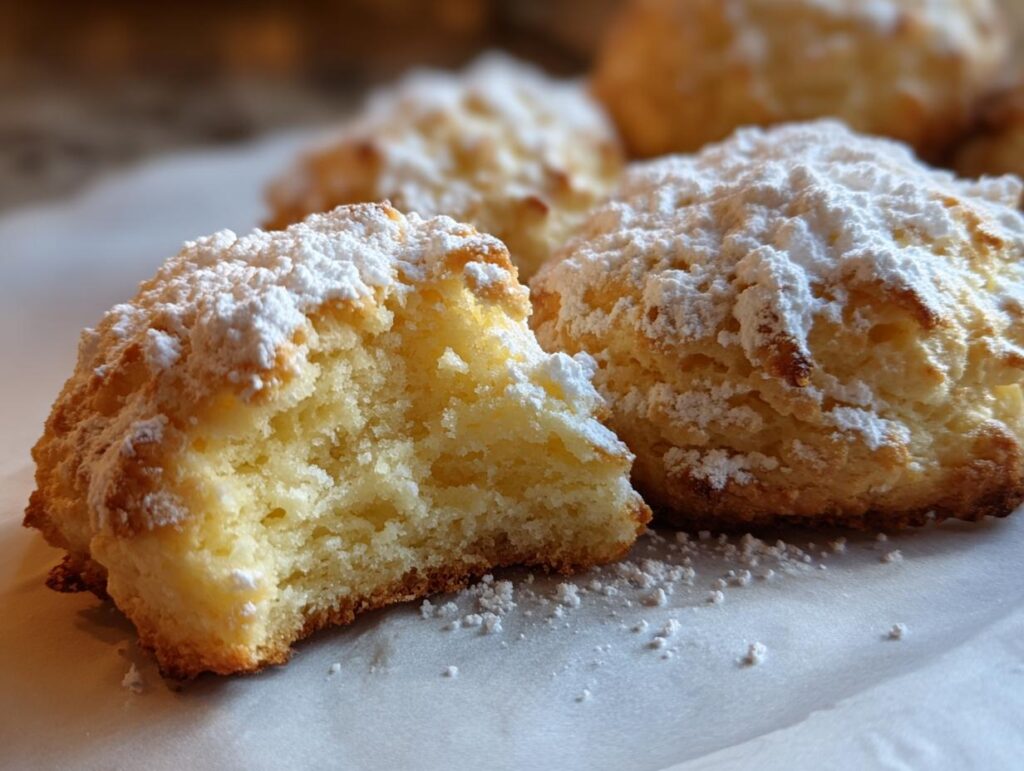 Close-up of a delicious Italian ricotta cookie, dusted with powdered sugar, with a bite taken out to show its fluffy interior.