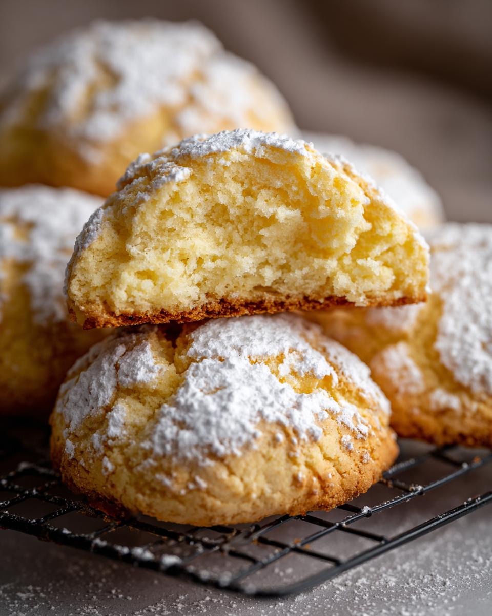 Close-up of Italian Ricotta Cookies dusted with powdered sugar, one cookie is broken in half to show its soft texture.
