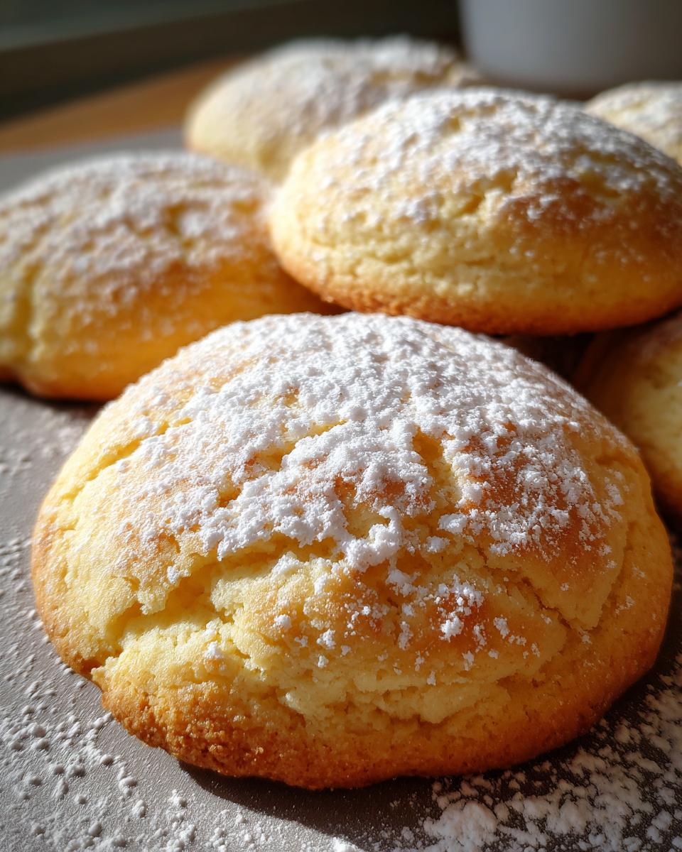 Close-up of soft Italian Ricotta Cookies dusted with powdered sugar.