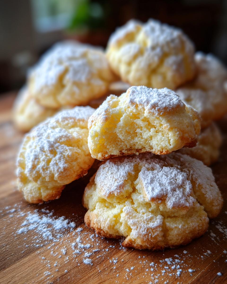 A close-up of Italian Ricotta Cookies dusted with powdered sugar, one cookie broken open to show its soft texture.