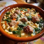Close-up of a bowl of Italian Wedding Soup with meatballs, pasta, and greens.