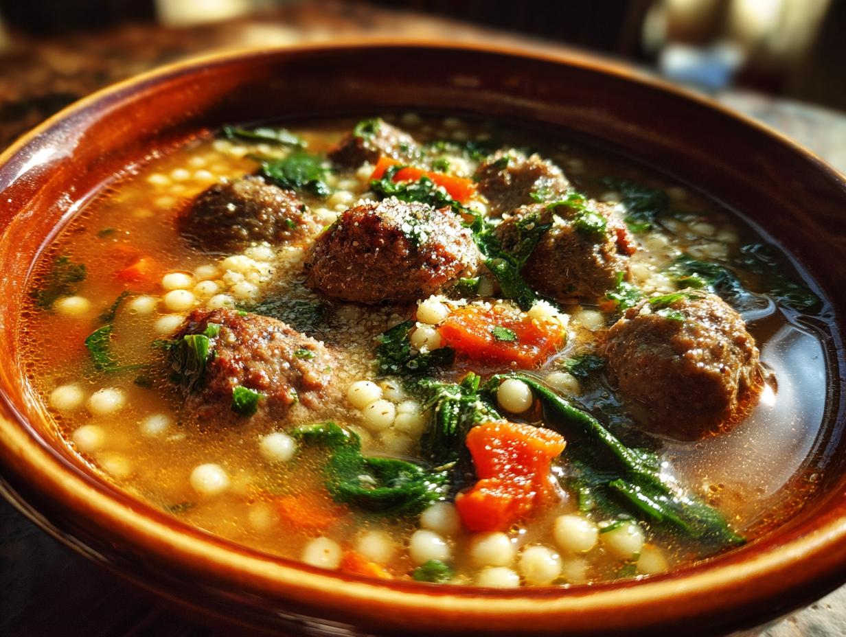 Close-up of a bowl of Italian Wedding Soup with meatballs, pasta, and vegetables.