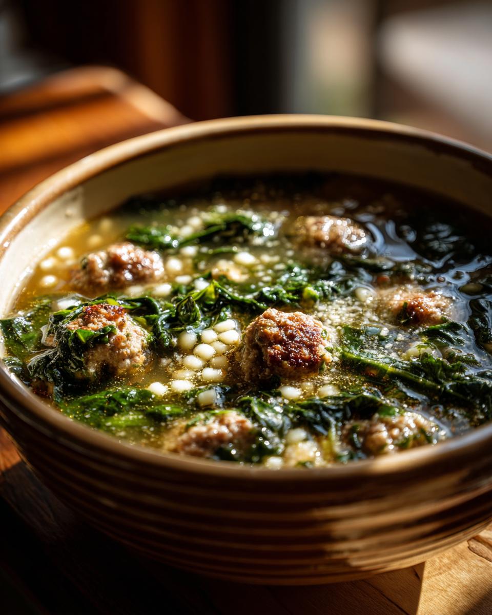 Close-up of a bowl of Italian Wedding Soup with meatballs, spinach, and pasta.