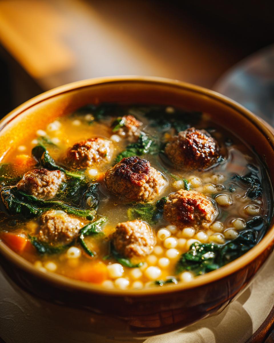 Close-up of a bowl of Italian Wedding Soup with meatballs, pasta, and spinach.