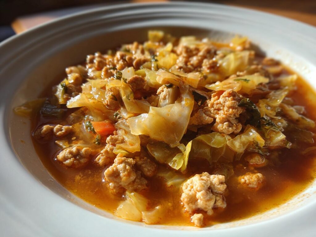 Close-up of a bowl of Keto Cabbage & Sausage Soup, with cabbage, sausage, and broth.