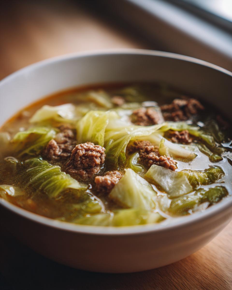 Close-up of a bowl of Keto Cabbage & Sausage Soup, showing cabbage, sausage, and broth.
