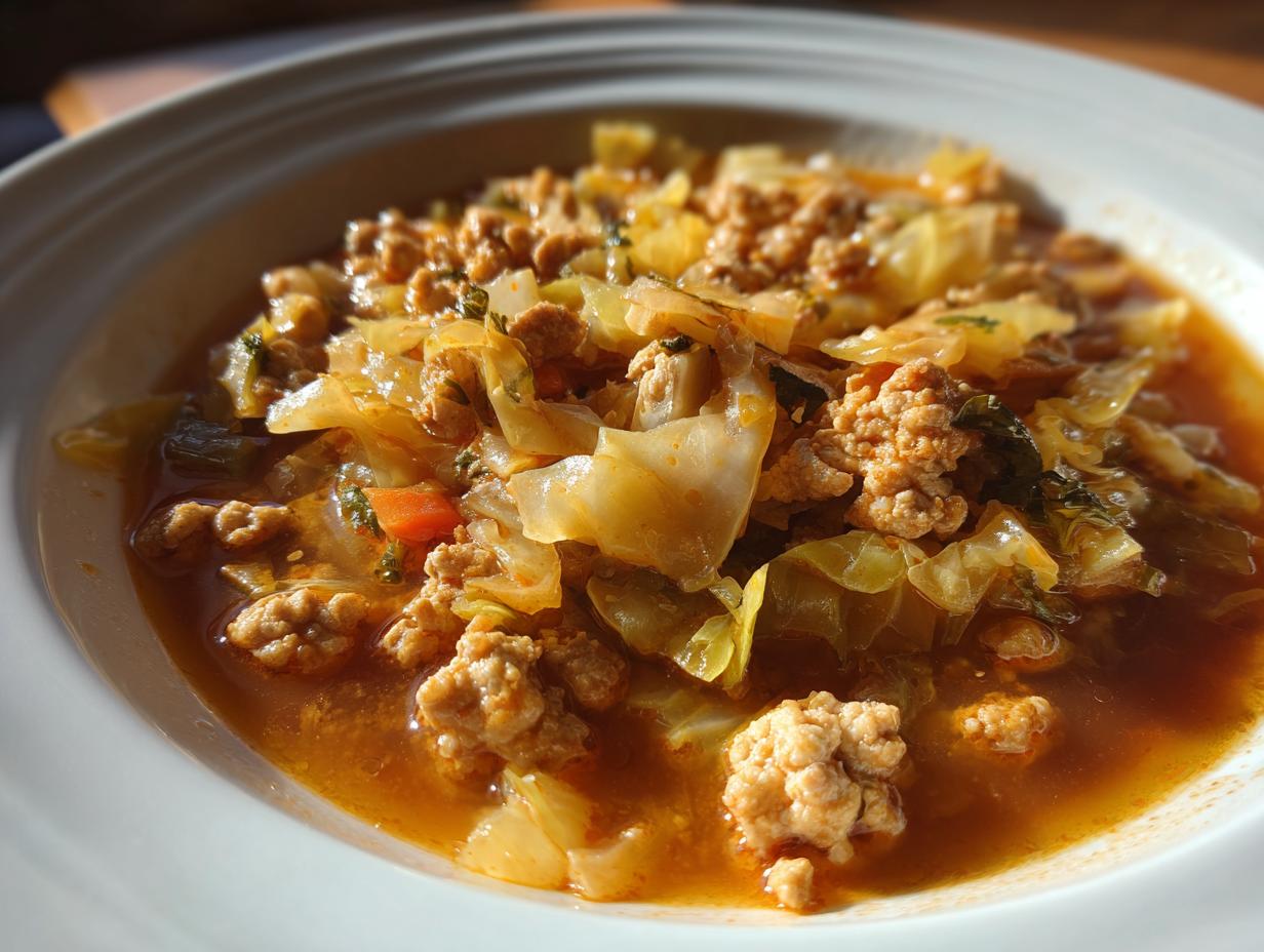 Close-up of a bowl of Keto Cabbage & Sausage Soup, with cabbage, sausage, and broth.