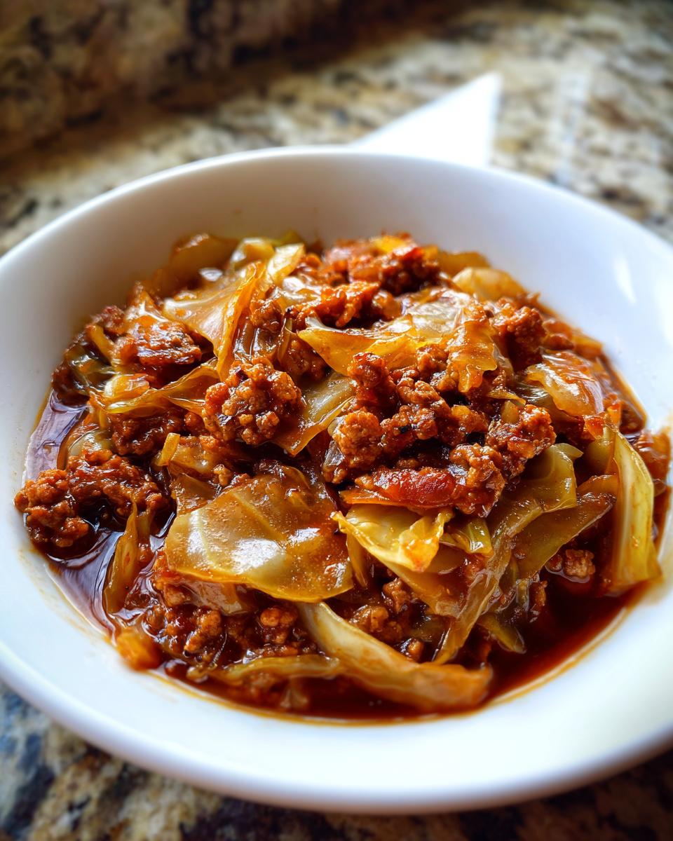 Close-up of a bowl of Keto Cabbage & Sausage Soup, showing cabbage, sausage, and broth.