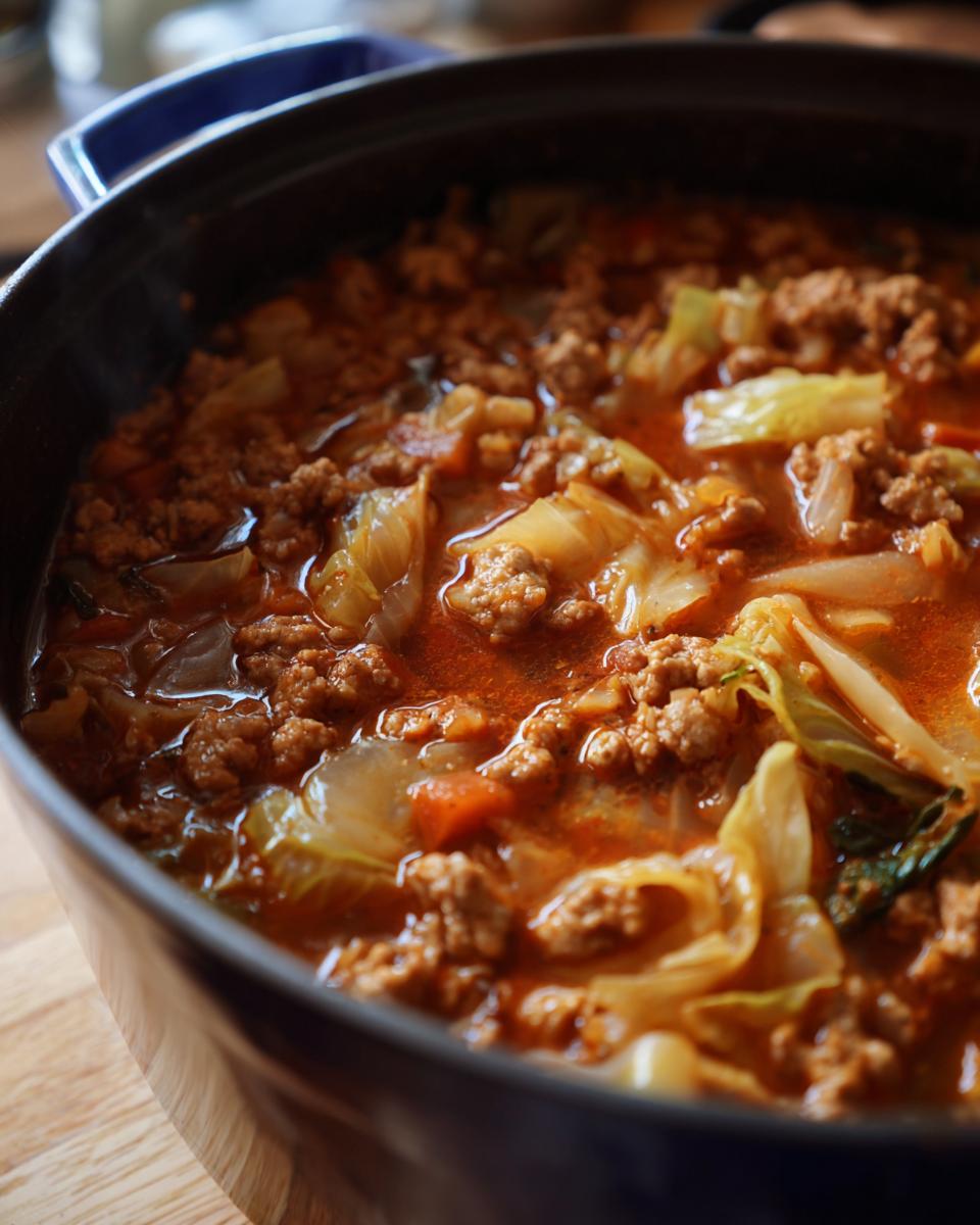 Close-up of Keto Cabbage & Sausage Soup in a pot, showing cabbage, sausage, and broth.