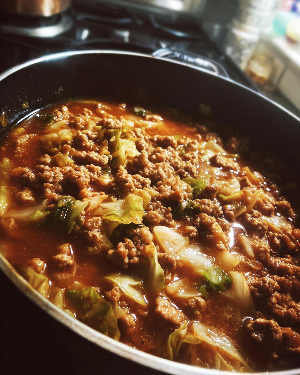 Close-up of Keto Cabbage & Sausage Soup in a pot, showing cabbage, sausage, and broth.