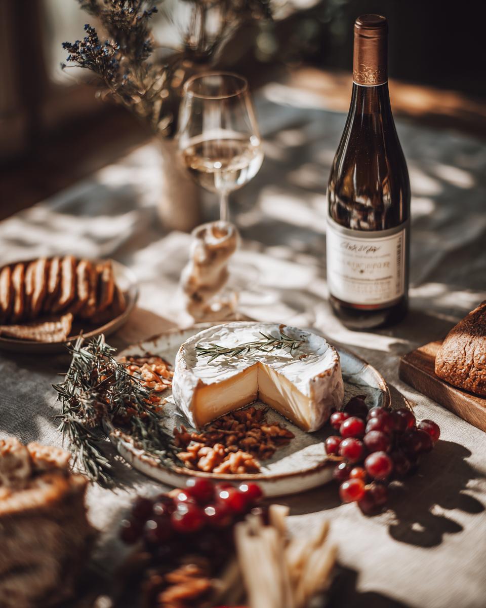 A beautiful cheese board with brie, grapes, nuts, crackers, and wine, perfect for last-minute Christmas gift ideas.