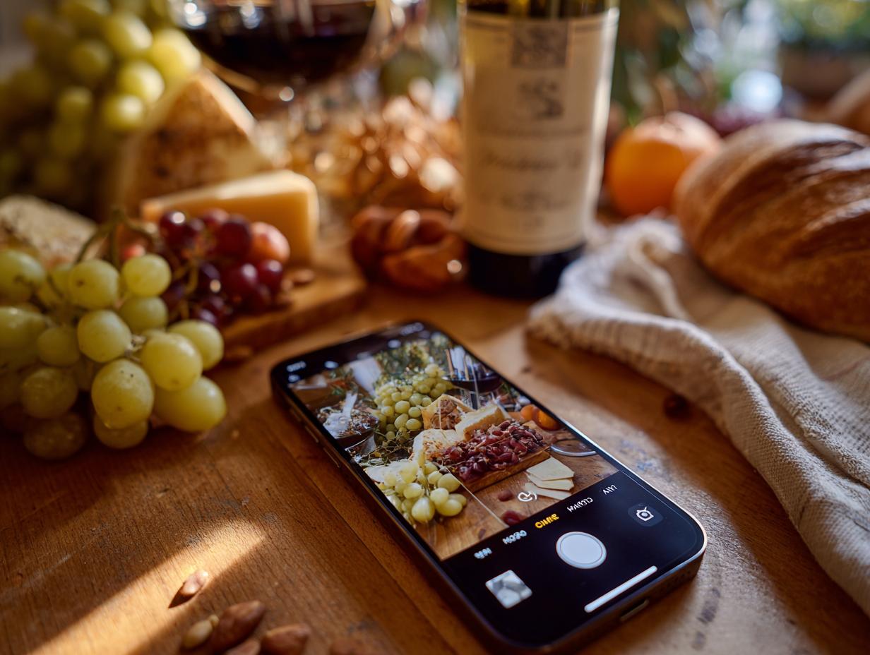 Smartphone displaying a charcuterie board with grapes and cheese, set against a backdrop of similar food items, representing last-minute Christmas gift ideas.