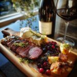 A festive platter with sliced roast beef, cheese, cranberry sauce, and a glass of red wine, perfect for last-minute Christmas gift ideas.