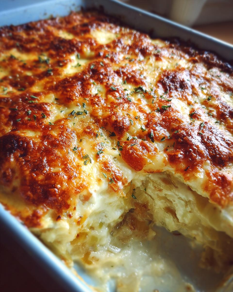 Close-up of a golden-brown Leek Gratin in a baking dish, showing layers of leeks and cheese.
