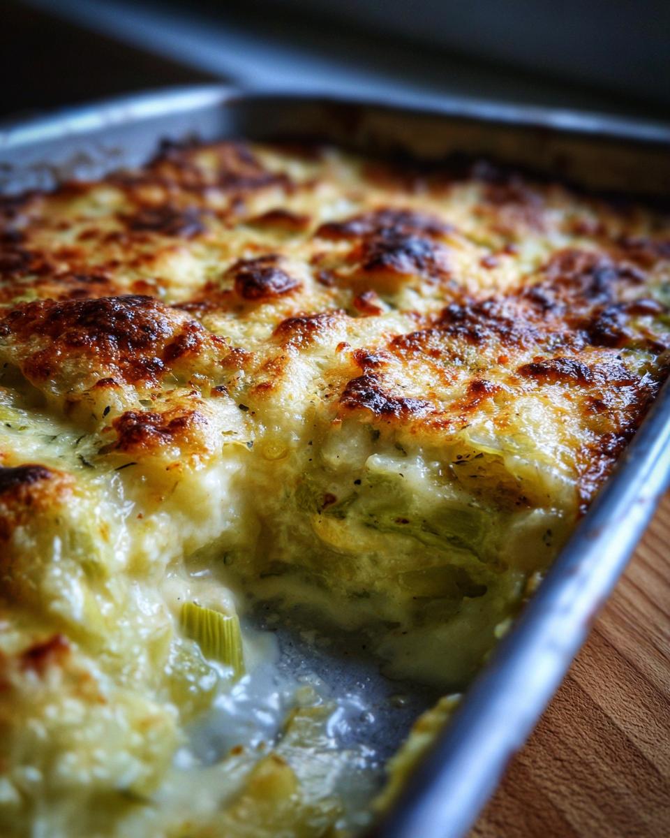 Close-up of a freshly baked Leek Gratin with a golden, bubbly cheese topping.