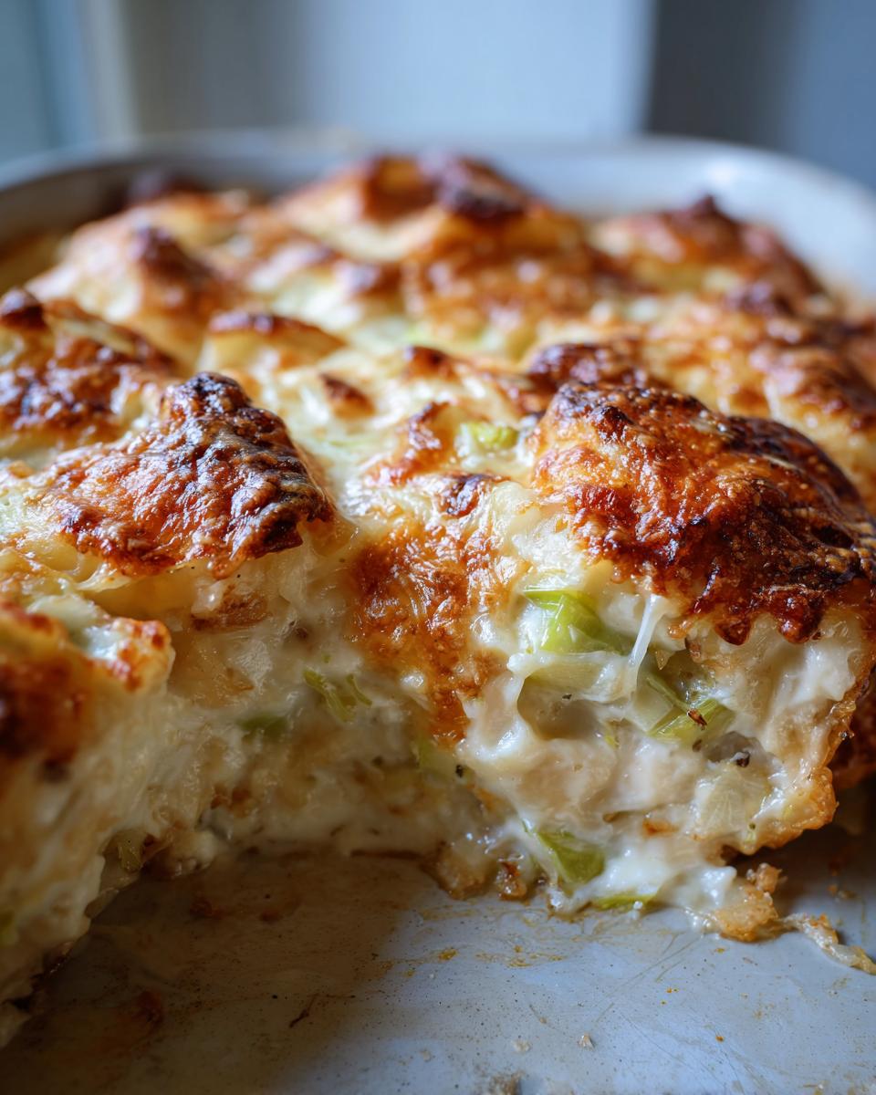 Close-up of a baked Leek Gratin with golden, bubbly cheese topping, showing the creamy interior.