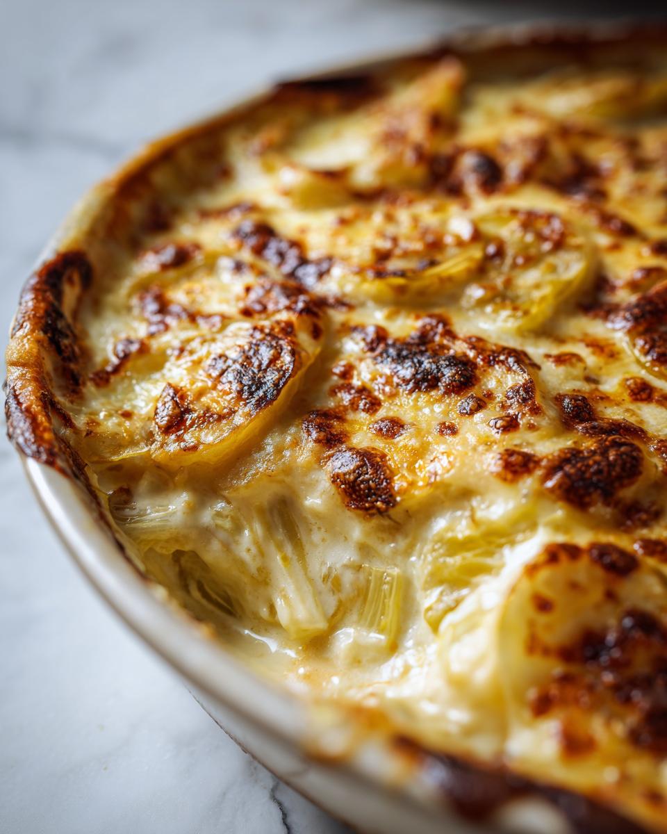 Close-up of a golden-brown Leek Gratin in a baking dish, with layers of leeks and creamy sauce.