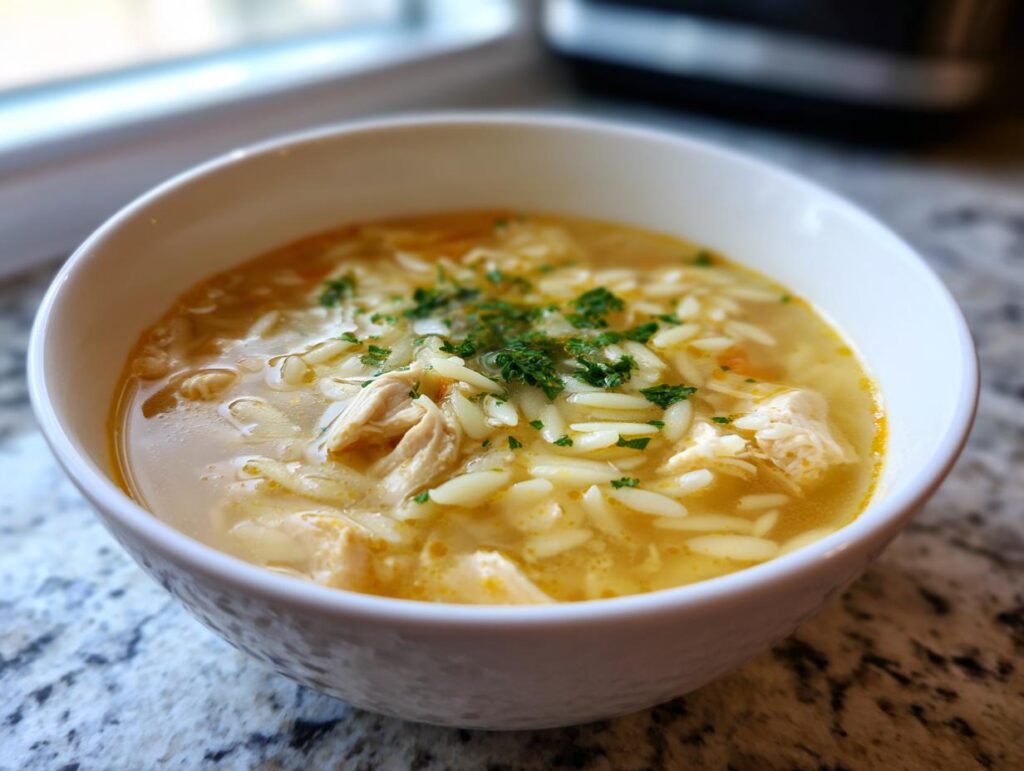 Close-up of a bowl of Lemon Chicken Orzo Soup, garnished with fresh parsley.
