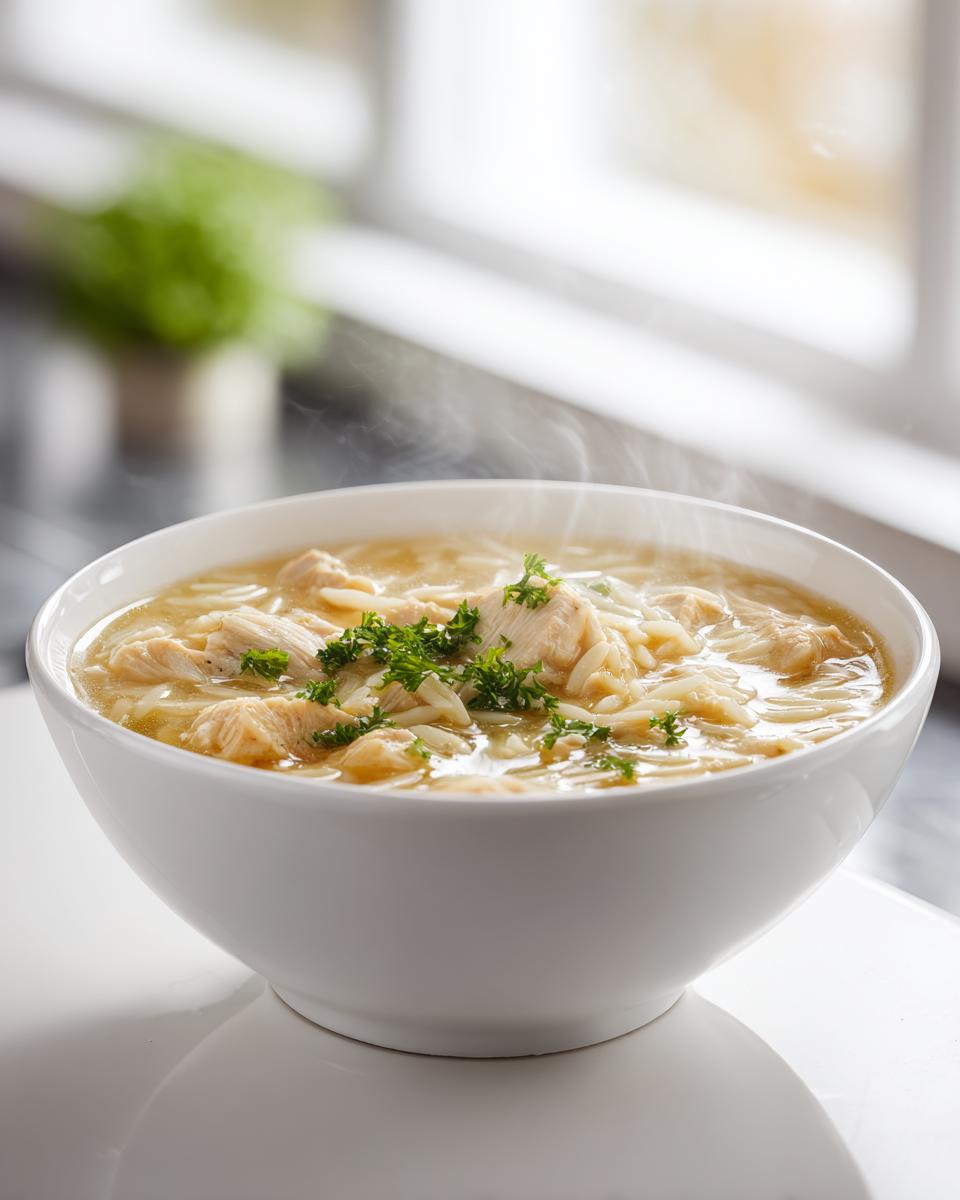 A white bowl filled with steaming Lemon Chicken Orzo Soup, garnished with fresh parsley.