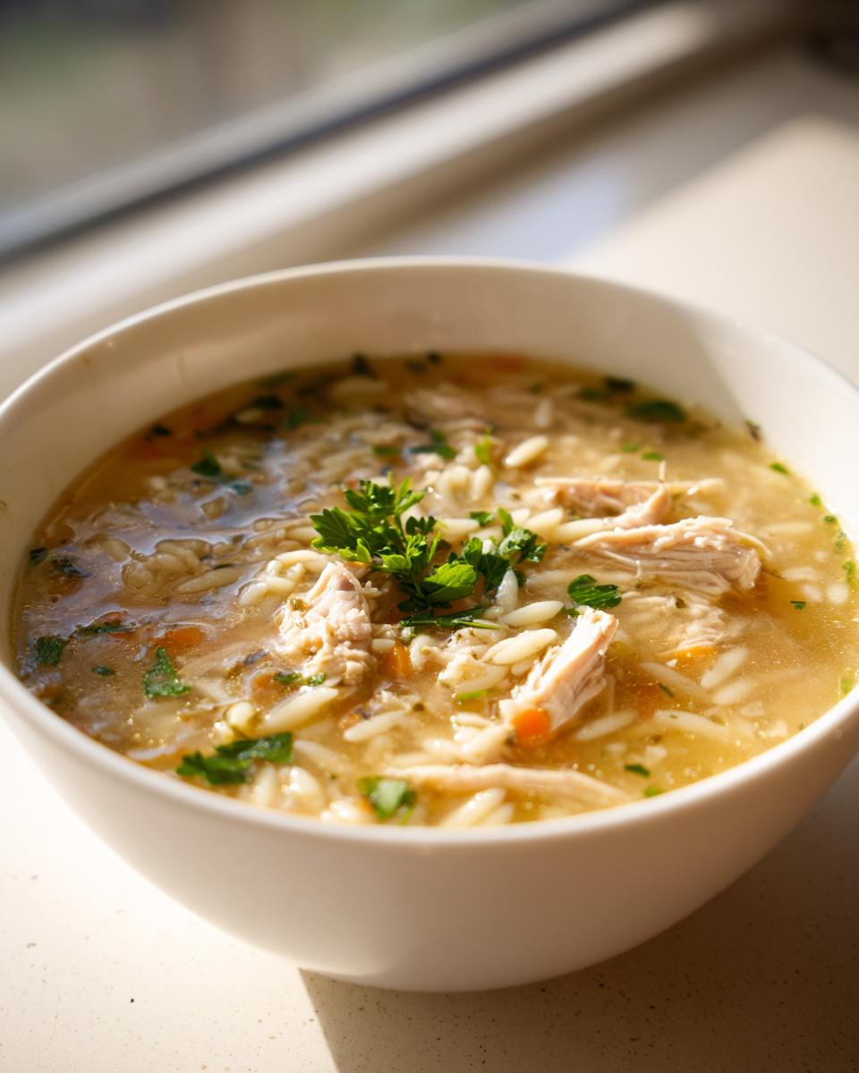 Close-up of a bowl of Lemon Chicken Orzo Soup, showing chicken, orzo, and herbs.