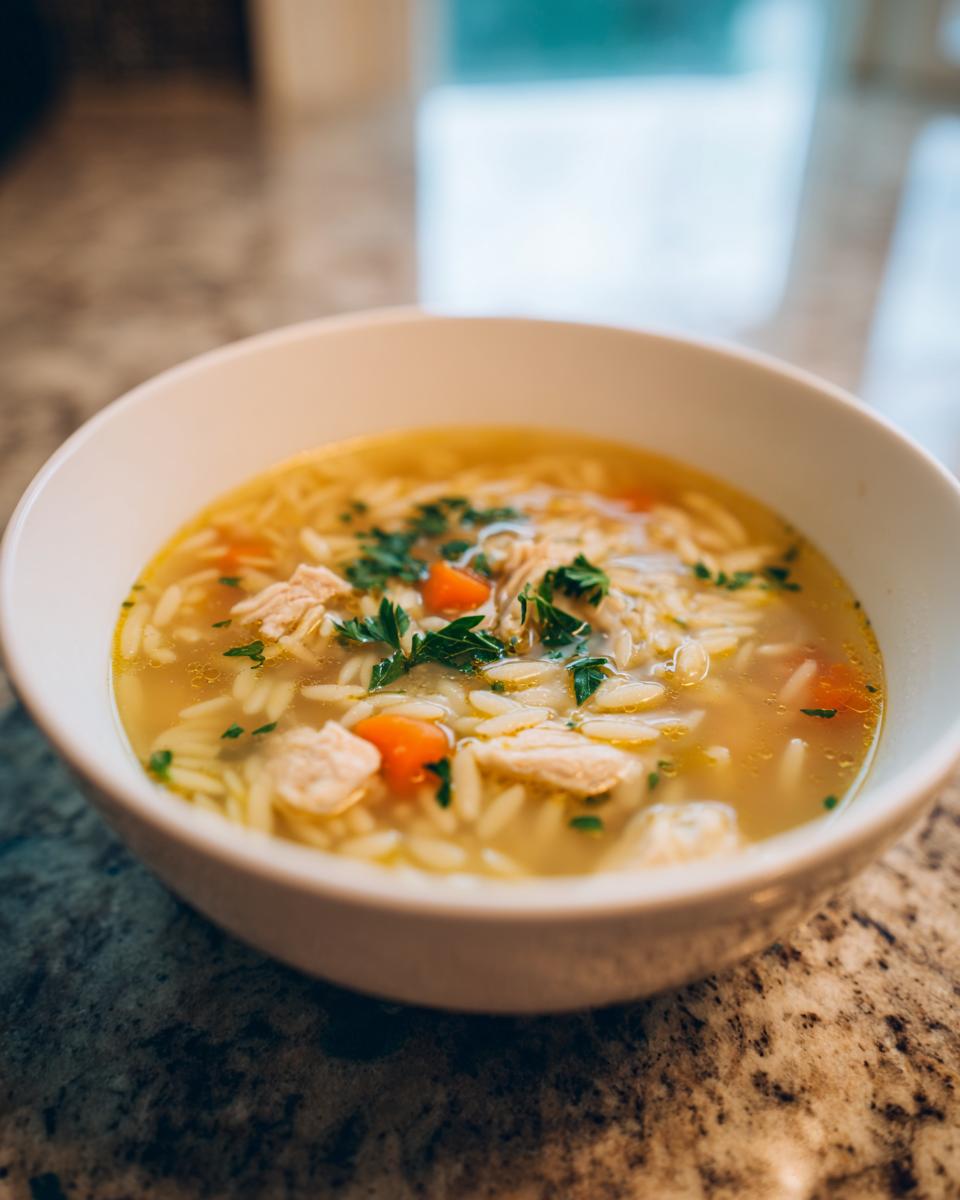 Close-up of a bowl of Lemon Chicken Orzo Soup with orzo pasta, chicken, and carrots.