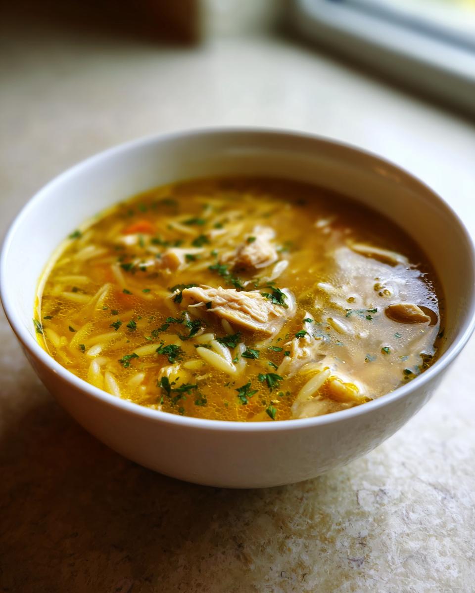 Close-up of a bowl of Lemon Chicken Orzo Soup with chicken, orzo, and herbs.