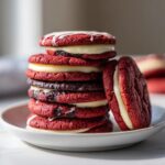 A tall stack of chewy Levain Bakery-Style Red Velvet Cookies filled with cream cheese frosting.