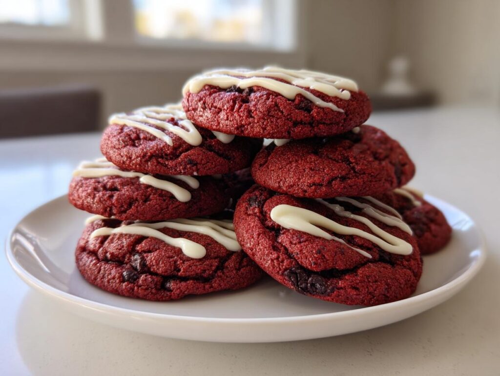 A stack of delicious Levain Bakery-Style Red Velvet Cookies drizzled with white icing on a white plate.
