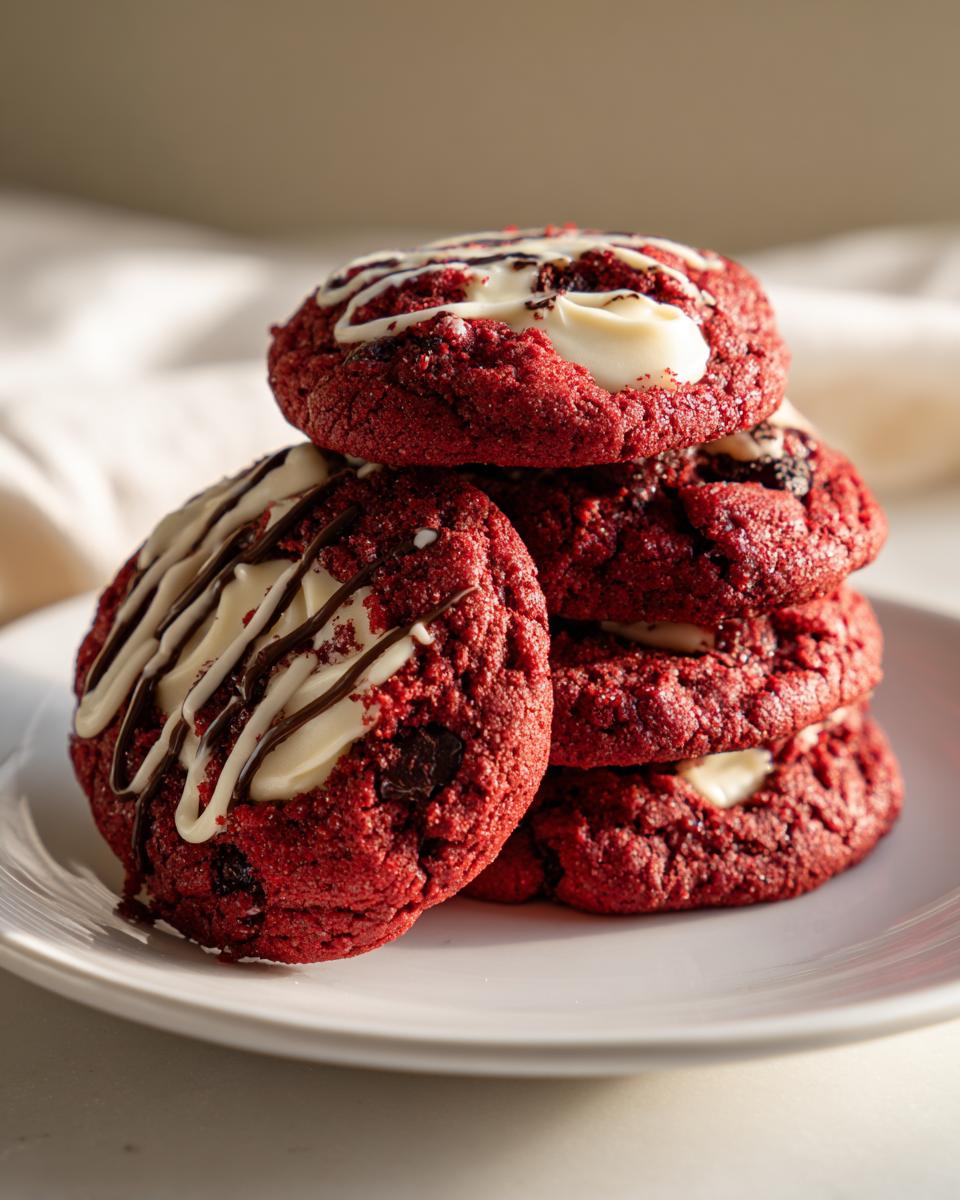 A stack of delicious Levain Bakery-Style Red Velvet Cookies, drizzled with white chocolate and dark chocolate.