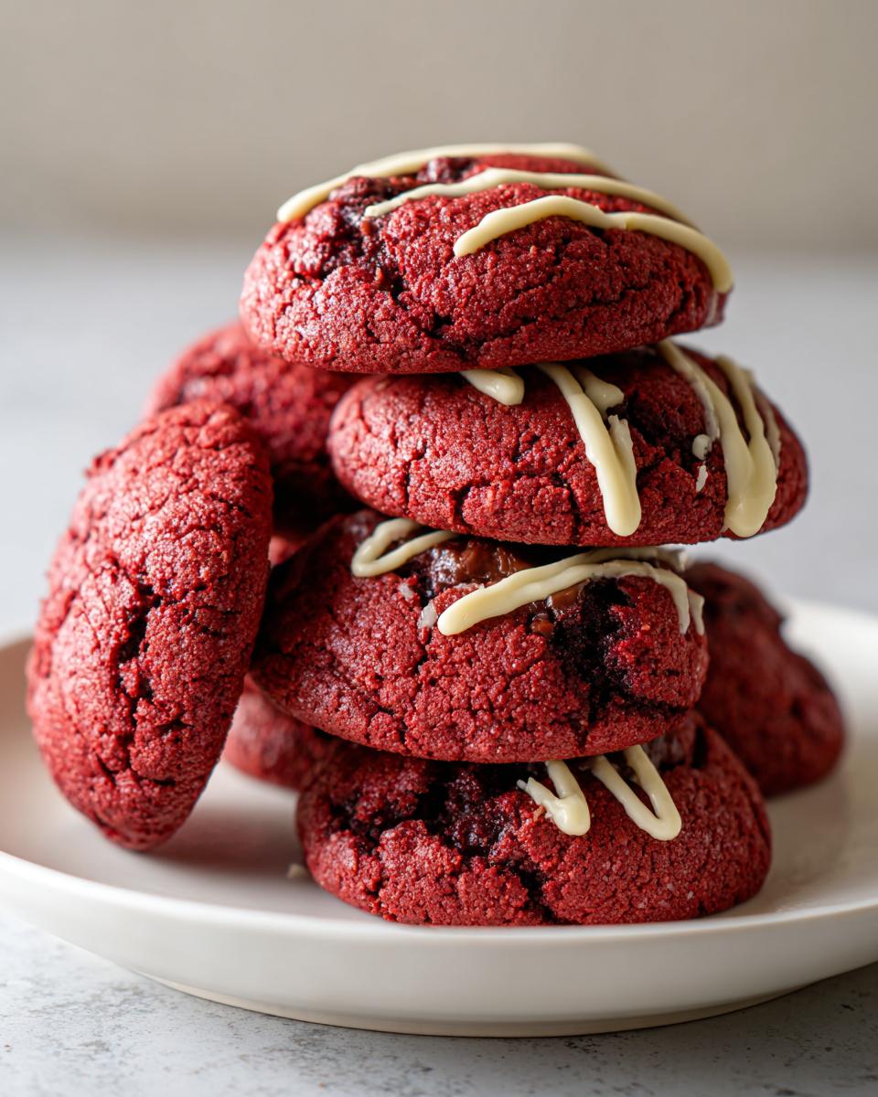 A stack of chewy Levain Bakery-Style Red Velvet Cookies drizzled with white chocolate.