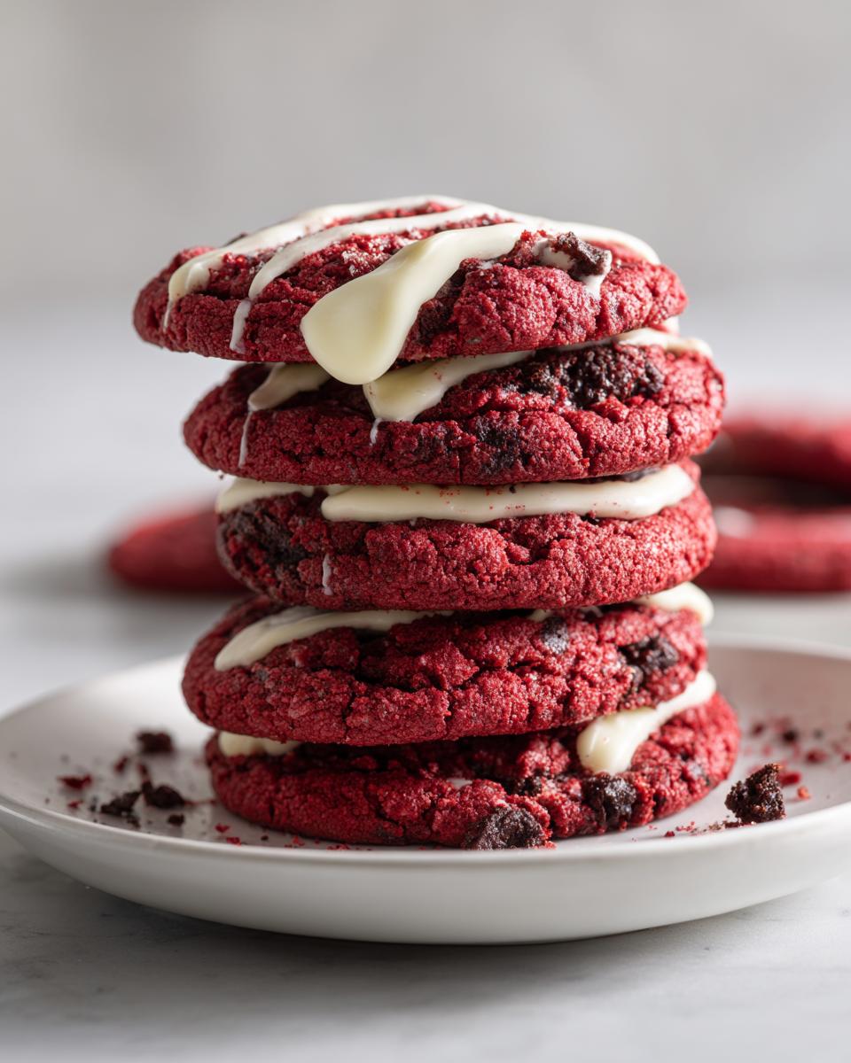 A stack of chewy Levain Bakery-Style Red Velvet Cookies drizzled with white chocolate.