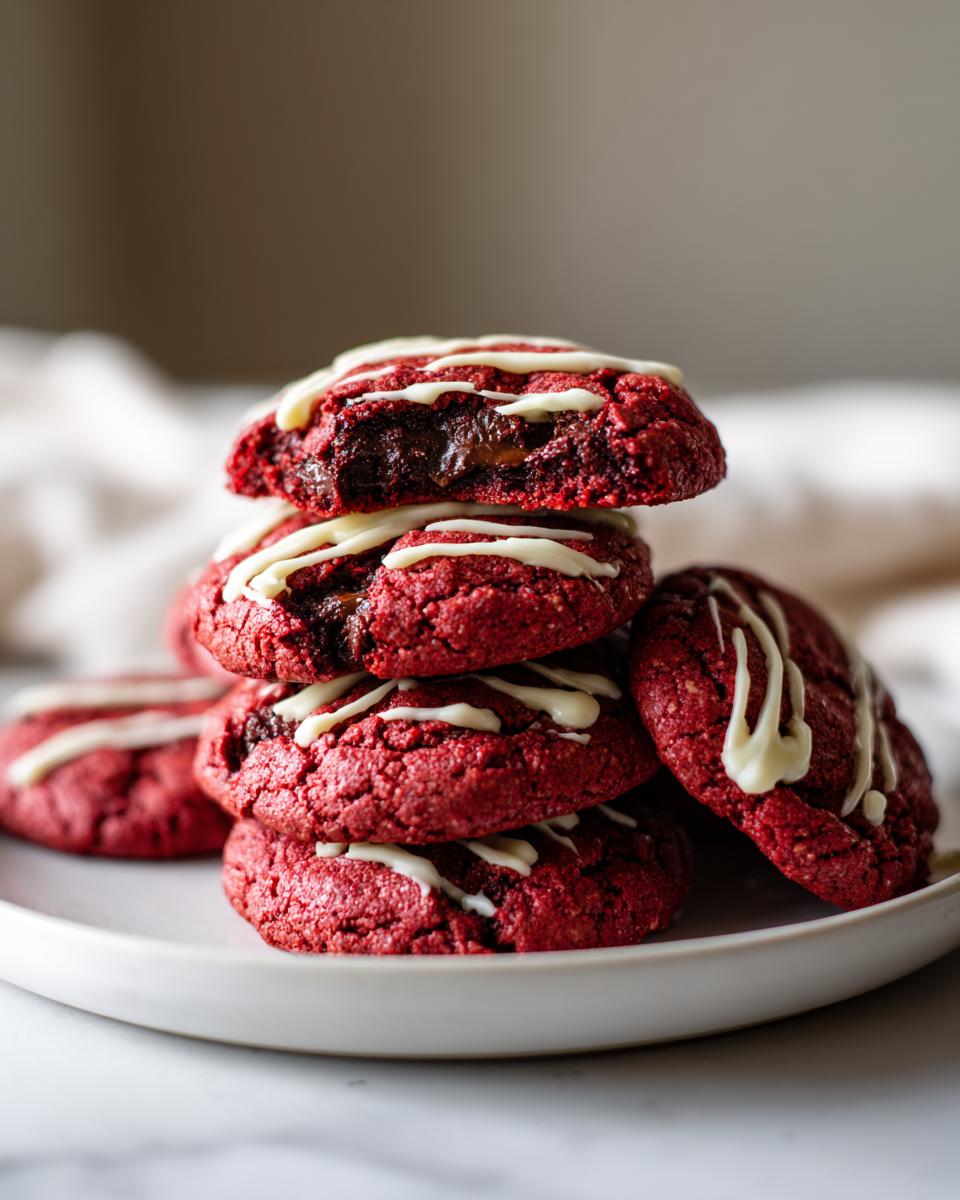 A stack of chewy Levain Bakery-Style Red Velvet Cookies drizzled with white chocolate.