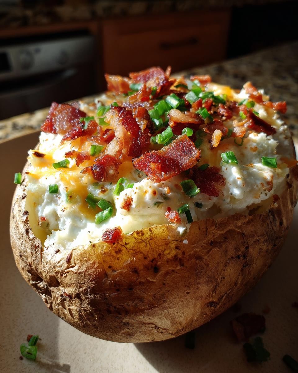 Close-up of a loaded baked potato with sour cream, cheese, bacon, and chives. A delicious Loaded Baked Potato.