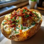 Close-up of a loaded baked potato with sour cream, bacon, and chives. Perfect for Loaded Baked Potato Soup.
