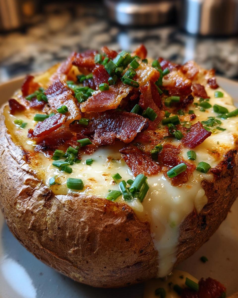 Close-up of a loaded baked potato topped with cheese, crispy bacon, and fresh chives. A perfect Loaded Baked Potato Soup ingredient.