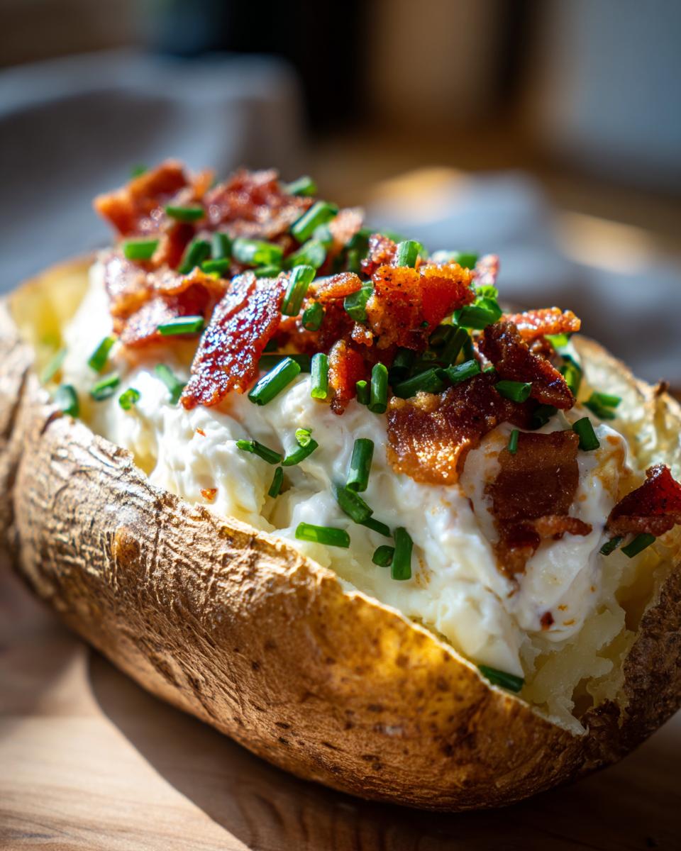 Close-up of a loaded baked potato with sour cream, bacon, and chives, perfect for Loaded Baked Potato Soup.