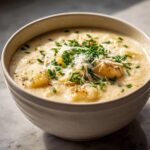 Close-up of a bowl of Loaded Baked Potato Soup, garnished with chives and cheese.