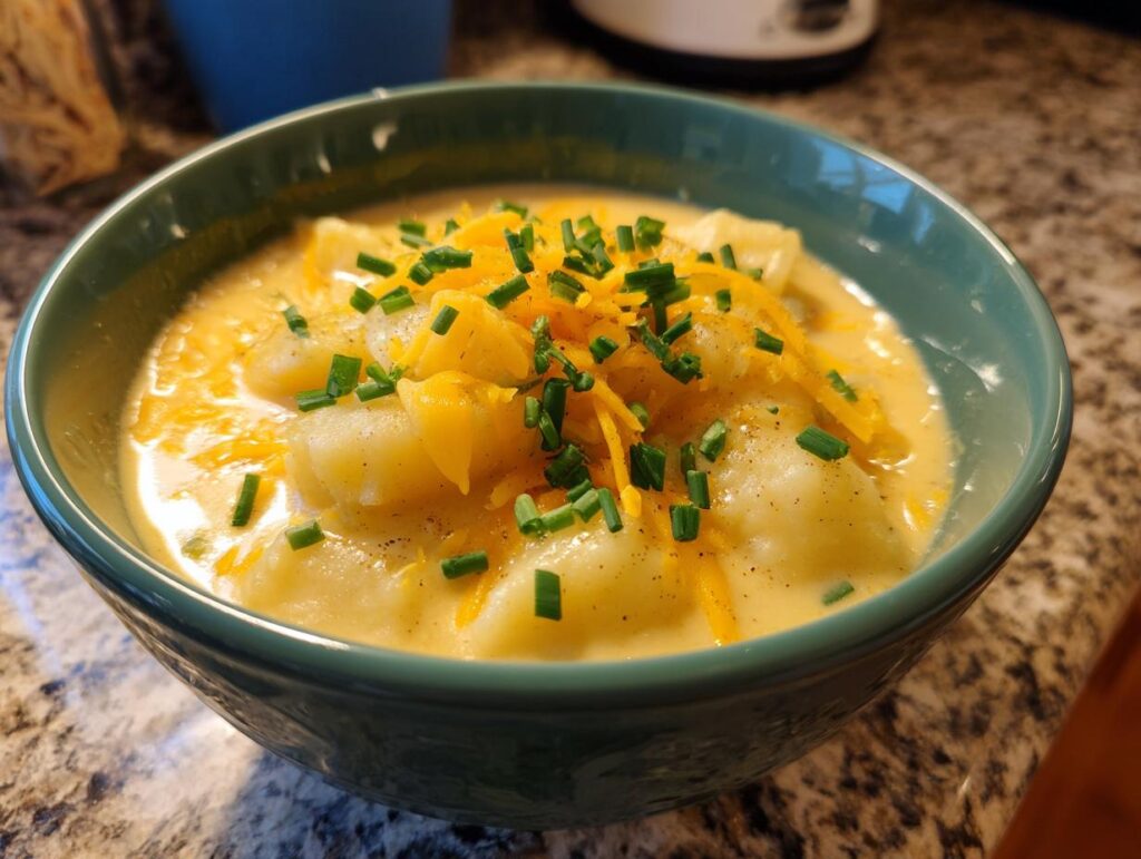 A bowl of creamy Loaded Baked Potato Soup topped with cheese and chives.