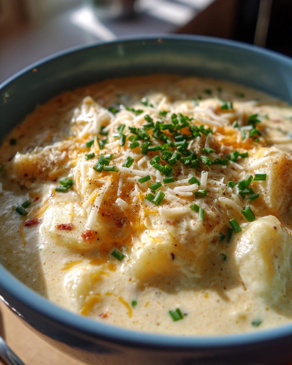 Close-up of a bowl of Loaded Baked Potato Soup, topped with cheese and chives.